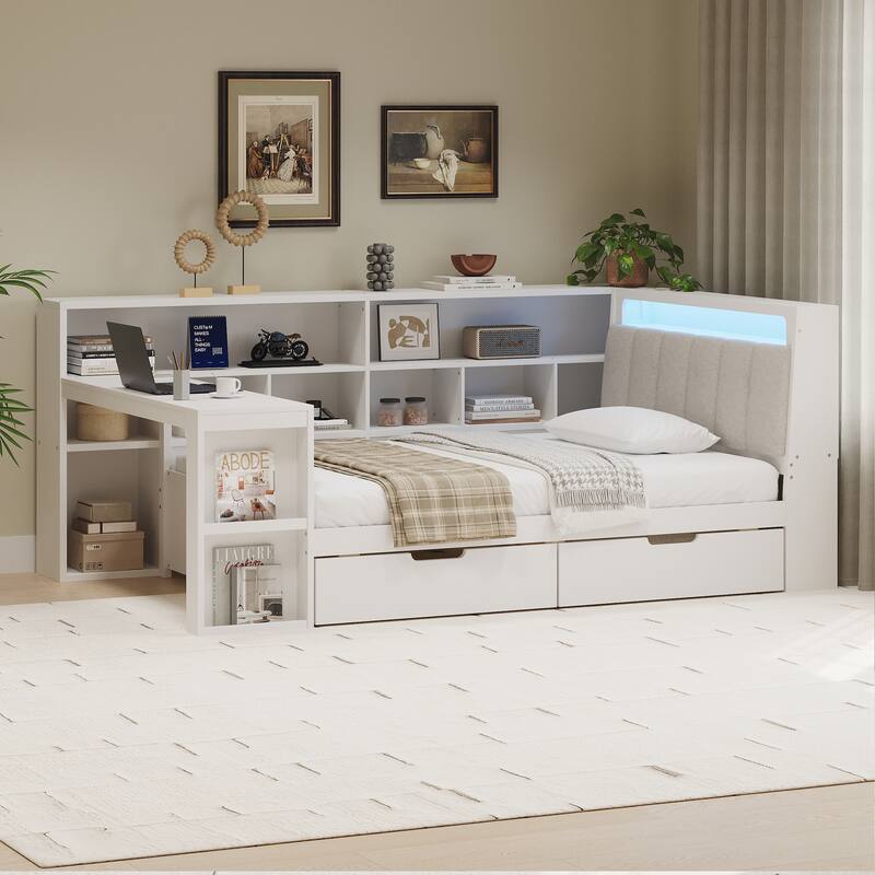 L-shaped Wooden Sofa Daybed with Desk, Bookcase Cabinet, Corner Bed with Under-bed Drawers, Upholstered Headboard Built-in Light
