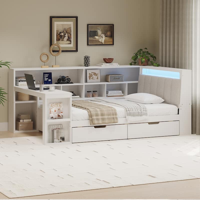 Wood Daybed L-shaped Bookcase Bed with Under-Bed Drawers and Side Bookshelf, Platform Daybed with Desk and Padded Headboard