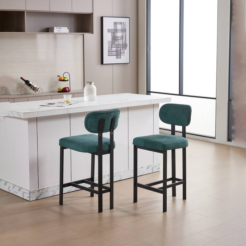 Bar Stools Set of 2, Fabric Upholstered Counter Height Bar Stools, Open Back Dining Chairs with Metal Legs & Footrest
