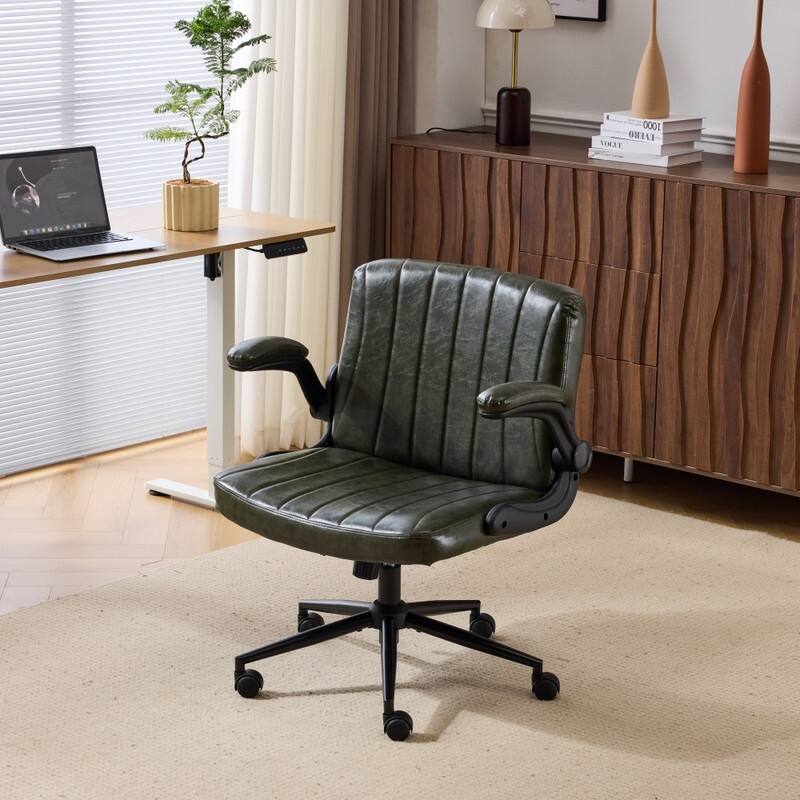 Oil-Waxed Leather Swivel Chair With Flip-Up Armrests