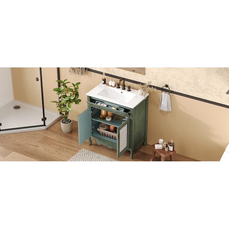 Bathroom Vanity with Ceramic Sink, Bathroom Cabinet with One Flip Drawer and Two Doors, Restroom Vanity with Adjustable Shelf