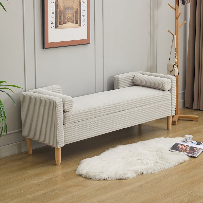 Corduroy Storage Soft Bench with Armrests, Backrest and Two bolster Pillows for Living Room, Entryway and Bedroom