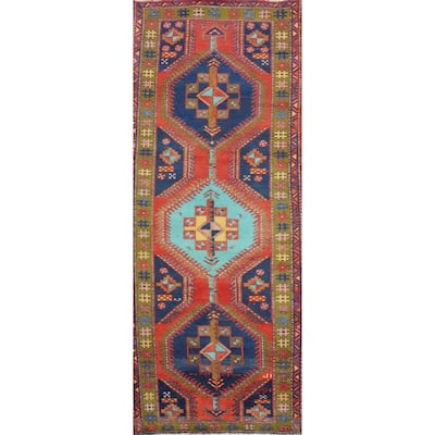 Hand Knotted Oriental 100% Wool Carpet Traditional Tribal Navy Blue & Blues Heriz Runner Rug - 9' 7'' X 3' 6''