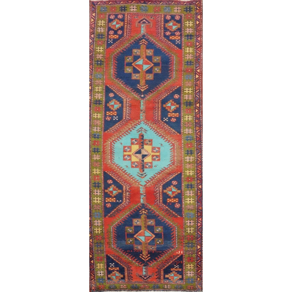 Hand Knotted Oriental 100% Wool Carpet Traditional Tribal Navy Blue & Blues Heriz Runner Rug - 9' 7'' X 3' 6''