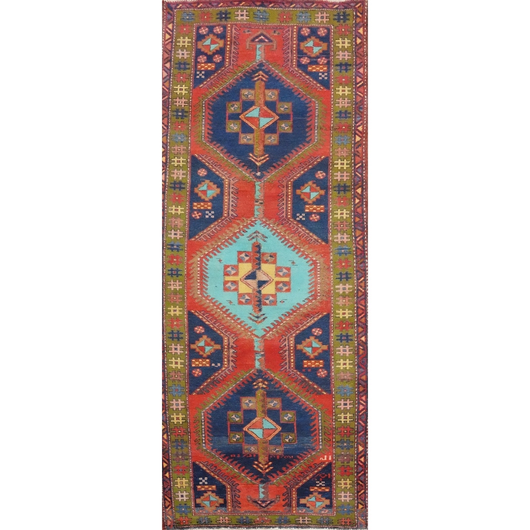 Hand Knotted Oriental 100% Wool Carpet Traditional Tribal Navy Blue & Blues Heriz Runner Rug - 9' 7'' X 3' 6''