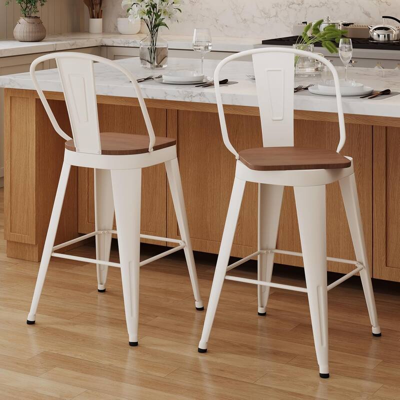 Swivel Counter & Bar Stools with Metal Frame Farmhouse 26" and 30" Seat Height Kitchen Barstools with High Back and Wooden Seat