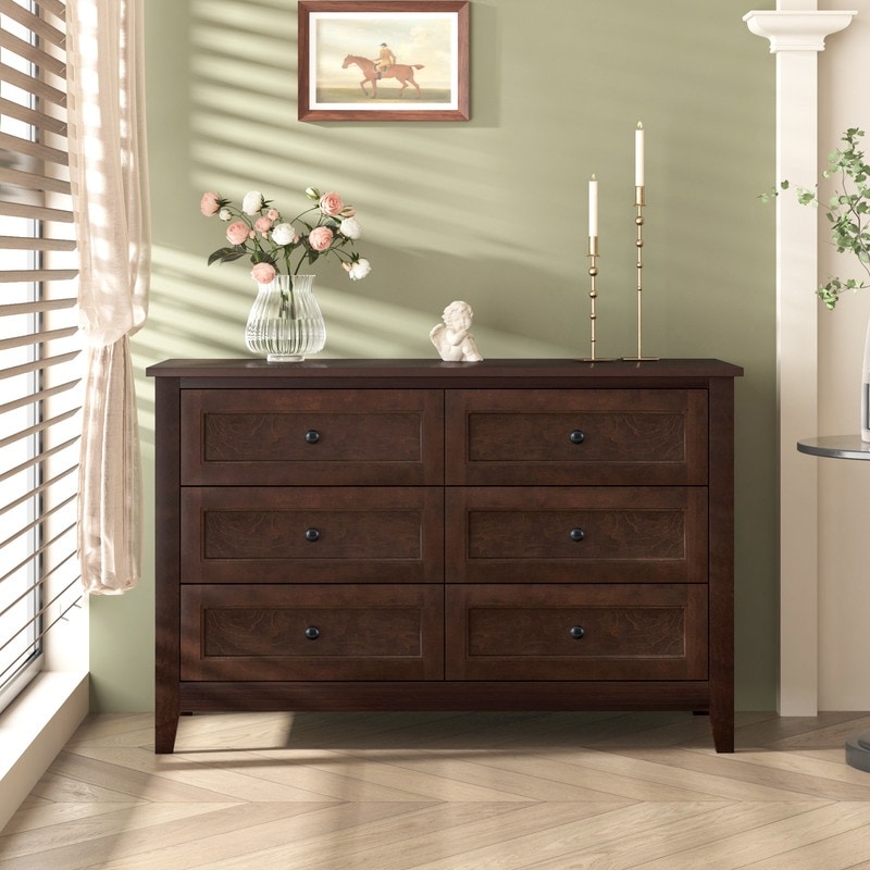 Solid Wood Dresser,6 Double Drawers for Bedroom with Retro Round Handles - Bed Bath & Beyond - 39014384 Solid Wood Dresser,6 Double Drawers for Bedroom with Retro Round Handles - Bed Bath & Beyond - 39014384