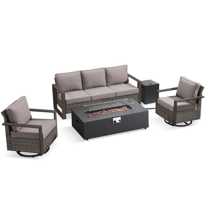 Pocassy Outdoor Sofa Swivel Chair Ottoman w/ 43" Fire Pit Set