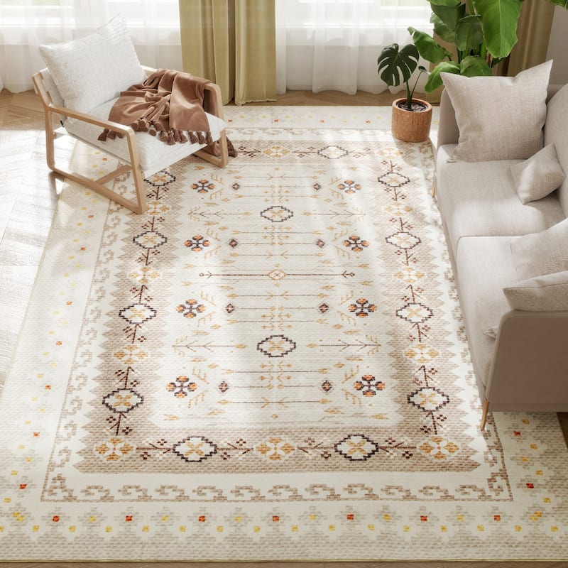 HOMCOM Area Rug 8x10, Machine Washable Rug, Non-Slip Boho Floral Print Floor Cover Foldable Carpet for Living Room - Natural/Diamond - Rectangle - 9'3" x 12'3"