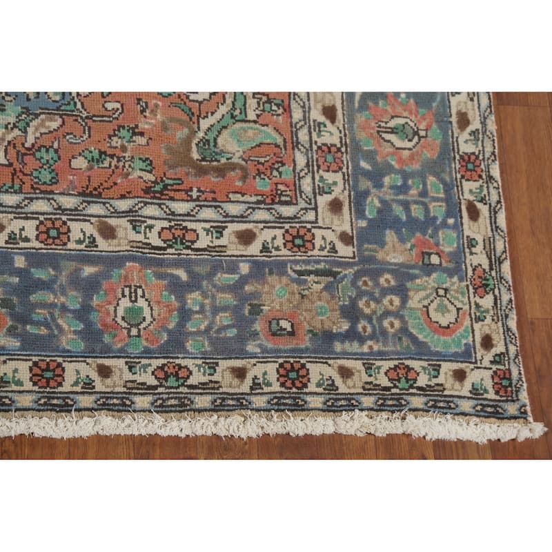 Blue Floral Tabriz Persian Vintage Area Rug Handmade Wool Carpet - 6'7"x 9'11"