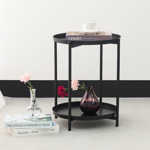 slide 2 of 16, Adeco Side Table 2-Tier Metal Round End Table with Removable Tray - 17.5""(D)x 17.5""(W)x 20.7""(H) Black