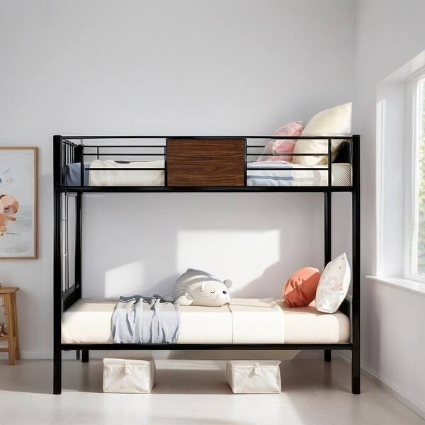 slide 2 of 9, Modern Full-over-Full Bunk Bed with Safety Rail and Ladder, Steel Bed Frame Built-in Ladder for Bedroom, Black