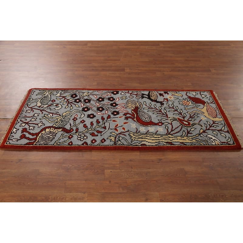 Animals Design Gray Ziegler Indian Runner Rug Handmade Wool Carpet - 2'5"x 6'0"