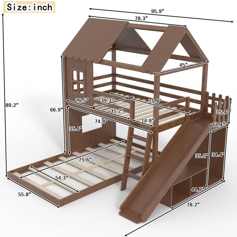 Twin over Full House Bunk Bed with Ladders and Slides, House Floor Bunk Bed with Storage Shelves and Wardrobe