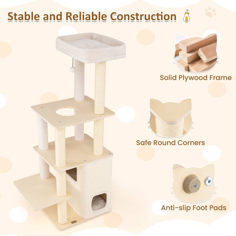 Gymax 63'' Tall Wooden Cat Tree w/2-Story Condo Plush Padded Top Perch