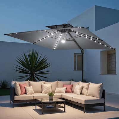 11 FT Square Outdoor Double Top Solar Powered LED Patio Cantilever Umbrella