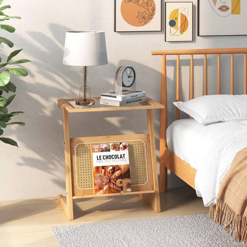 Gymax Z-shaped End Table Glass Top Bamboo Side Table w/ Magazine Rack