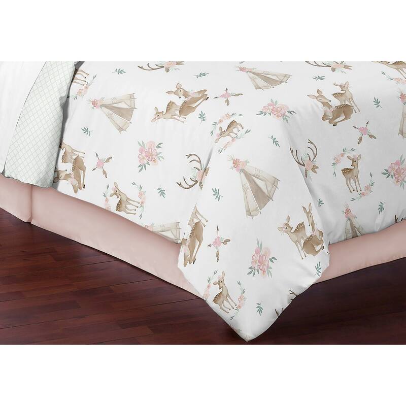 Sweet Jojo Designs Blush Pink Mint Watercolor Woodland Deer Floral Collection Girl 3 piece Full Queen-size Comforter Set
