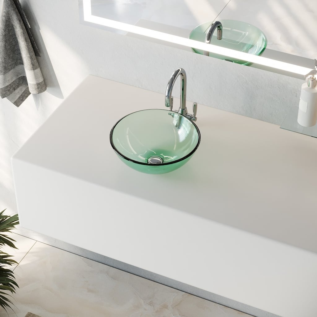 Countertop Vessel Sink 11 5/8 in. Tempered Glass Bathroom Sink with Chrome Sink Drain Renovators Supply