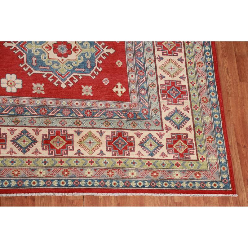Hand Knotted Oriental 100% Wool Carpet Traditional Geometric Red Kazak Area Rug - 12' 9'' X 9' 11''