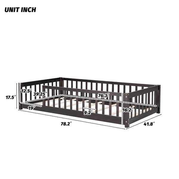 dimension image slide 2 of 3, Twin Size Floor Bed for Kids with Safety Guardrails and Door and Slats