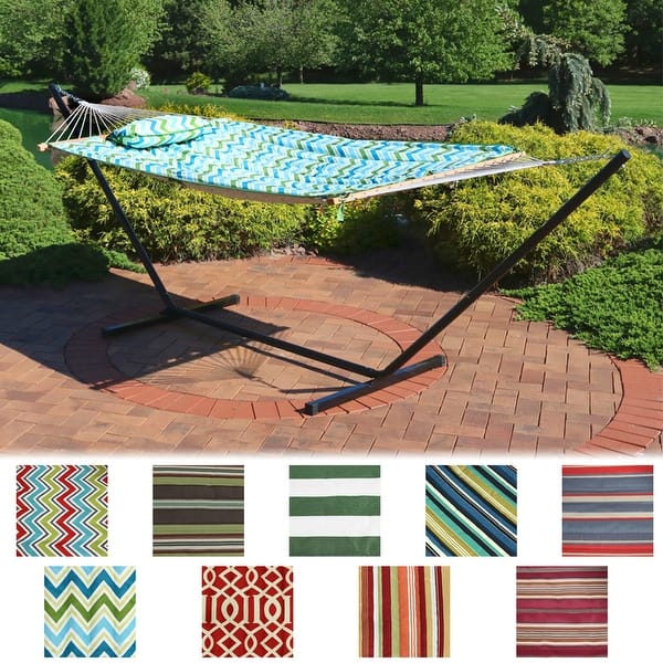 slide 2 of 73, Sunnydaze Rope Hammock with 12-Foot Stand, Hammock Pad & Pillow