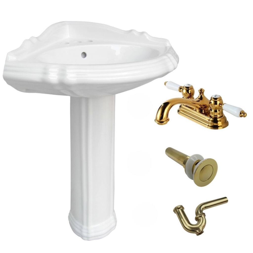 White Corner Pedestal Sink 26" with 4" Faucet, Drain, P-Trap and Overflow