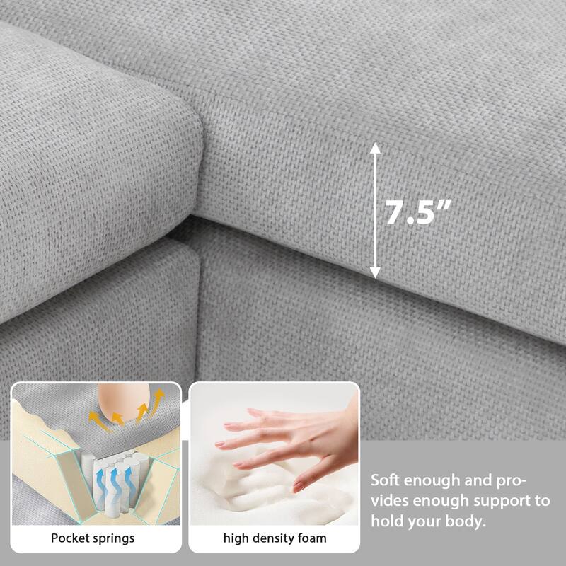 Grey 119" Oversized L-Shaped 5-Seater Sectional with Chaise and 2 Pillows for Living Room, Apartment, or Office
