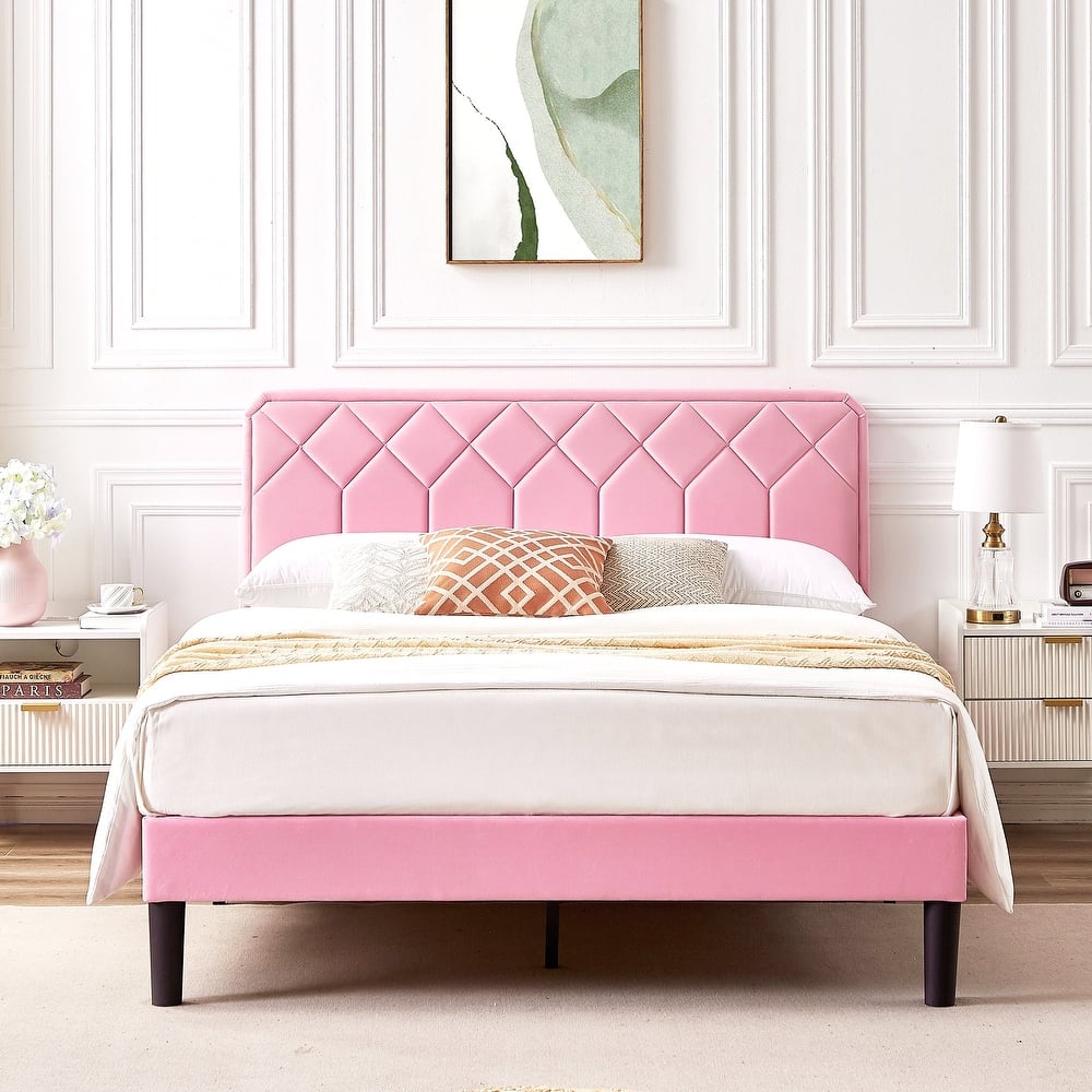 VECELO Pink Velvet Upholstered Bed Frame with Adjustable Headboard No Box Spring Needed Under Bed Storage Platform Bed