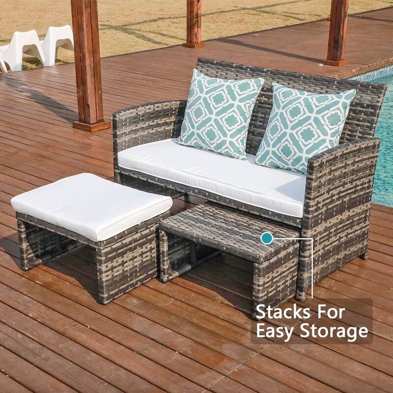 3 PCS Patio Rattan Furniture Set Loveseat and Ottoman Cushioned
