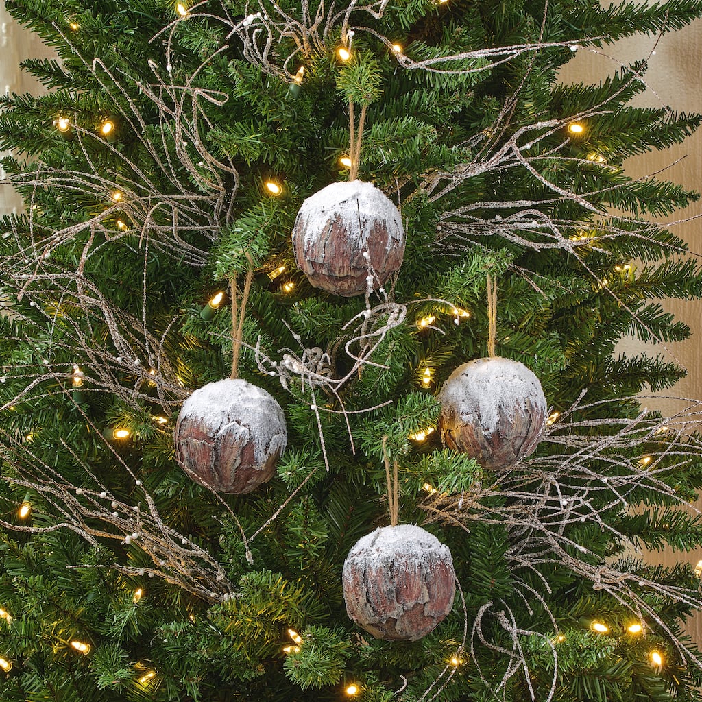 4" Bark Ball With Snow Set of 4