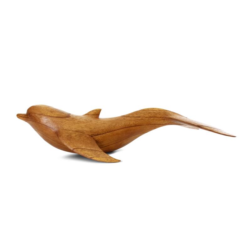 Wooden Hand Carved Swimming Dolphin Statue Sculpture Wood Decorative Home Decor Figurine Handcrafted Handmade Seaside Tropica - 16" long x 6" deep x 4" tall