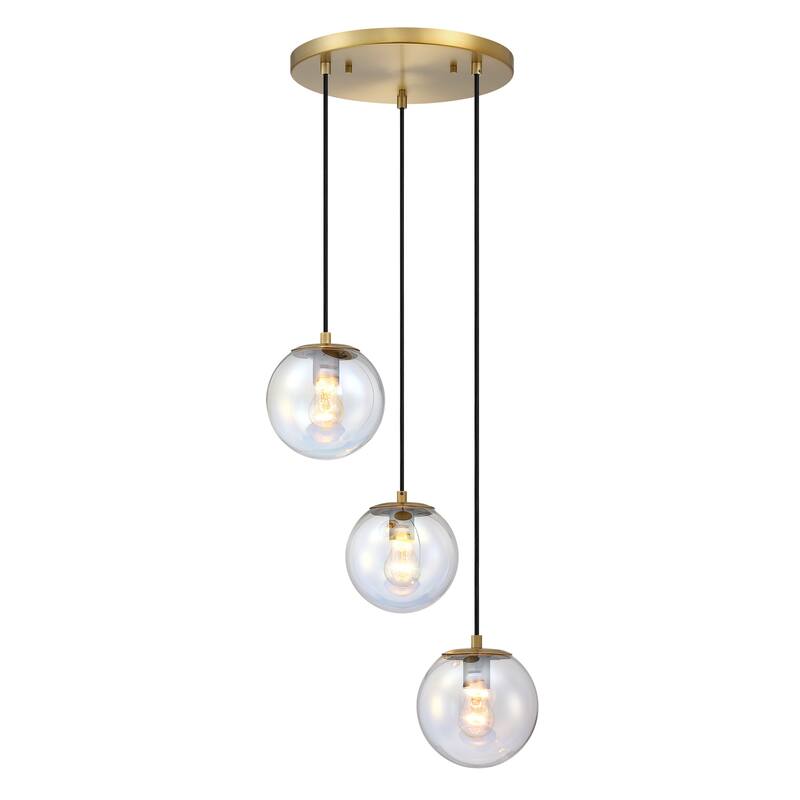 Neva 3-Light Brushed Gold Transitional Globe Chandelier for Entryways with 7 in. Clear Iridescent Glass Shades - 17.75
