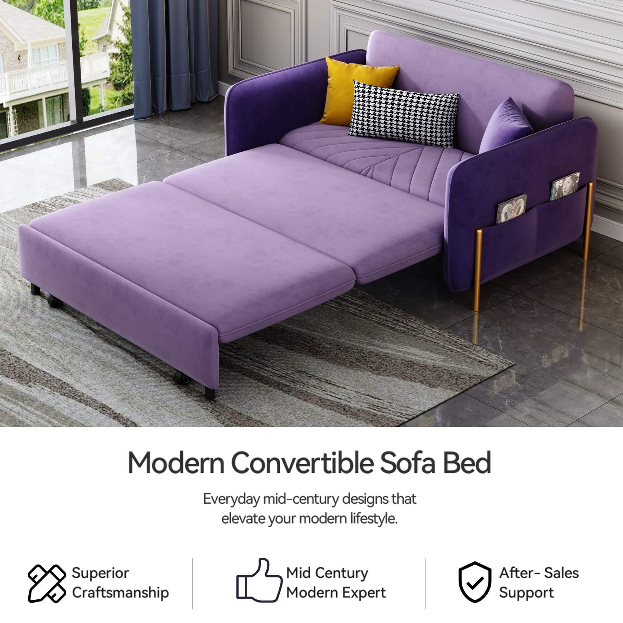 53.5” Full Sleeper Sofa Upholstered Convertible Sofa Bed 3-in-1 Sleeper Sofa Couch, Small Tufted Velvet (purple)
