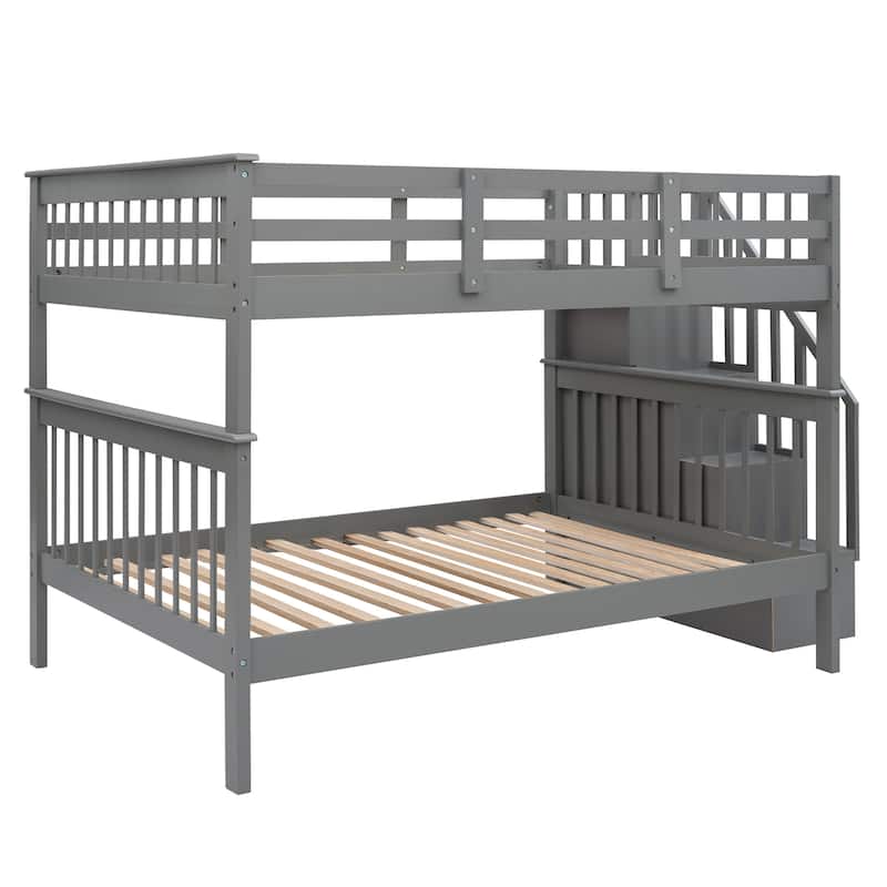 Full-Over-Full Wooden Bunk Bed with Storage Stairway and Full-Length Guardrail, Splits into 2 Beds, for Kids Teens Bedroom Dorm