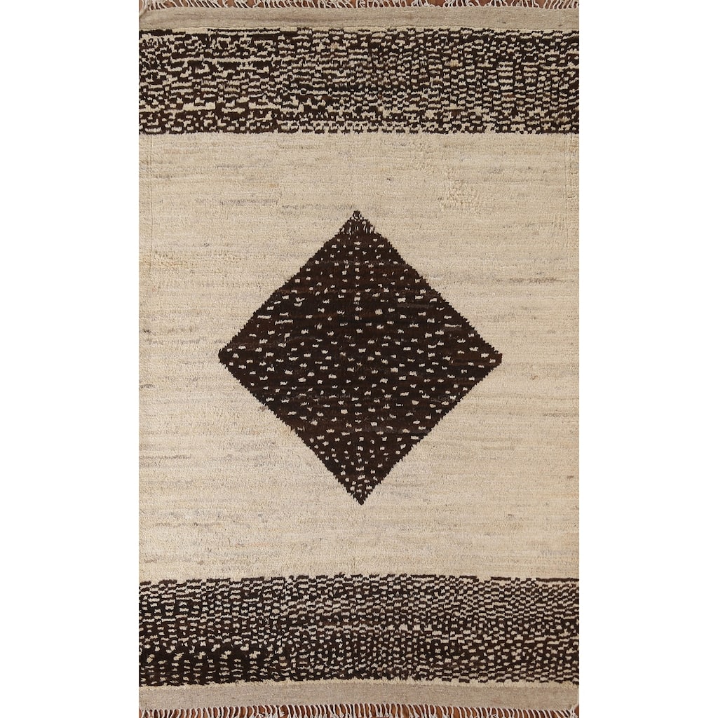 Hand Knotted Oriental 100% Wool Carpet Modern Tribal Beige & Ivories Moroccan Area Rug - 8' 1'' X 5' 8''