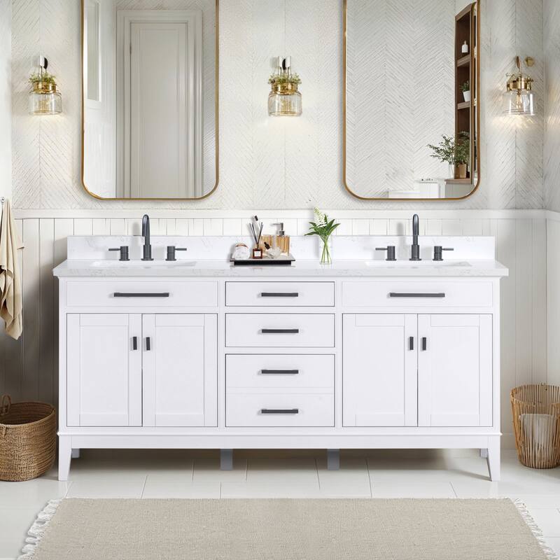 Madison 72 in. Double Sink Bathroom Vanity with Engineered Stone Top - 73" x 22"D x 35"H - White