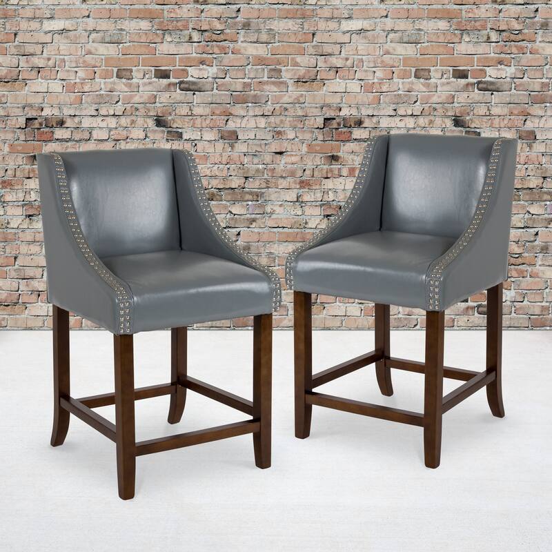 24-inch Transitional Curved Walnut Counter Height Stools (Set of 2) - 20"W x 22"D x 36"H - Light Grey Faux Leather