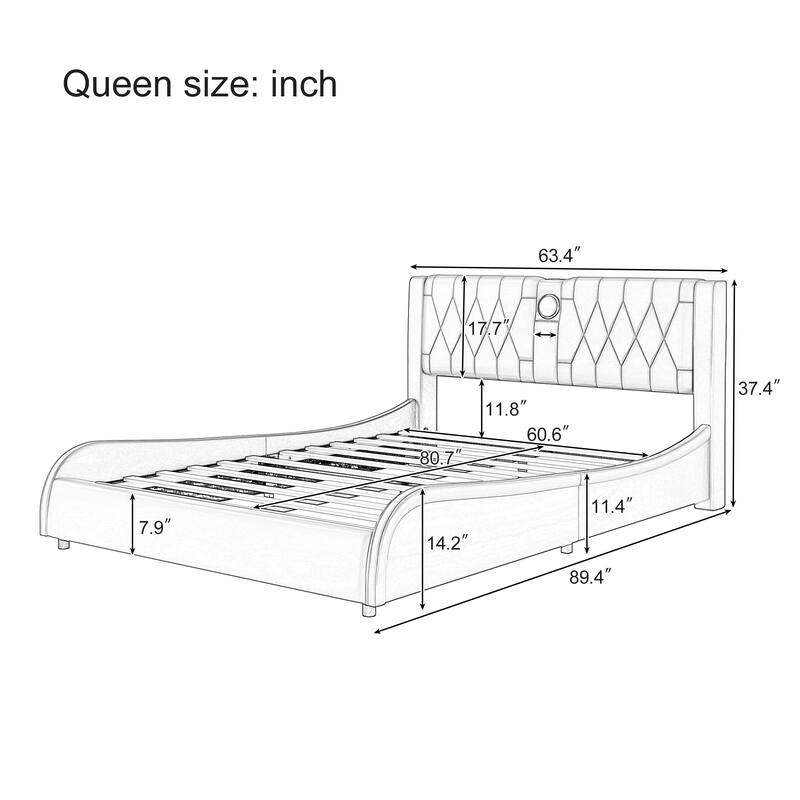 Leather Upholstered Platform Bed Curved Wingback Bed with Thickened Headboard, Bluetooth Speakers and RGB LED Light