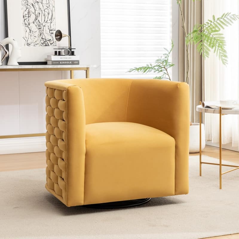 Modern Glam Velvet Upholstered 360 Degree Swivel Barrel Chair - Yellow