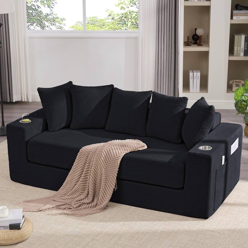 Convertible Corduroy Sleeper Loveseat Sofa Bed 3 Seater Floor Folding Couch with 5 Pillows, Cup Holders and Side Pockets