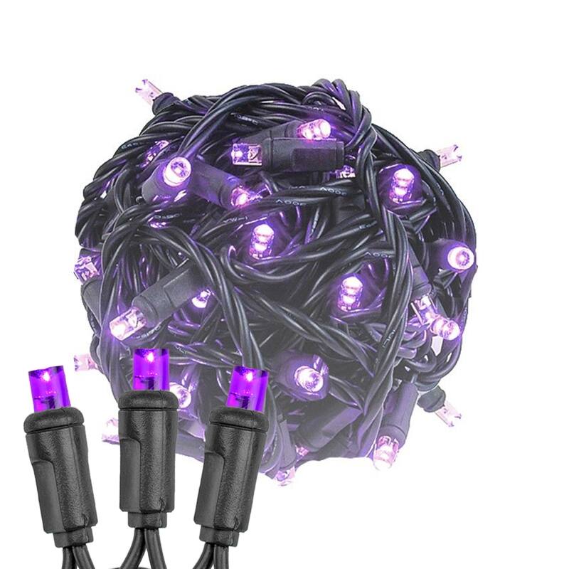 50 Light LED Christmas Mini Light Set, Patio Lights, Warm White, Black Wire, 11’ - Purple