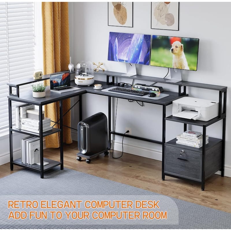 76" L Reversible Shaped Computer Desk with Power Outlet & LED Strip