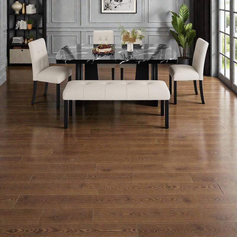 6-Piece Modern Dining Set, 63" Faux Marble Table with Geometric Legs, 4 Upholstered Chairs and Bench for Kitchen Dining Room