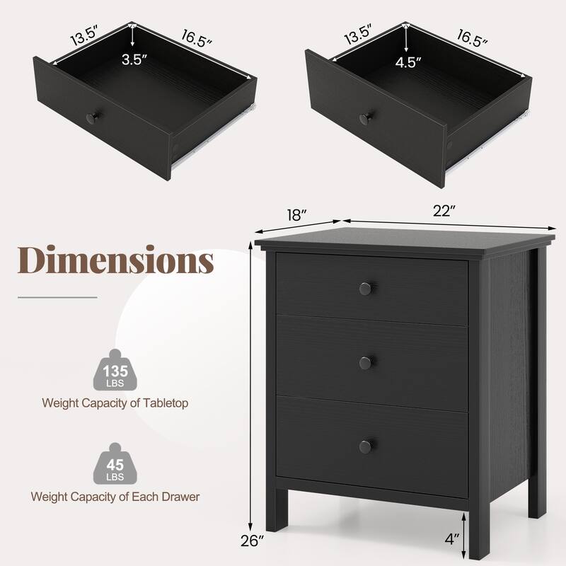 Modern 3-Drawer Nightstand Bedside Table with Storage Space - 22" x 18" x 26"