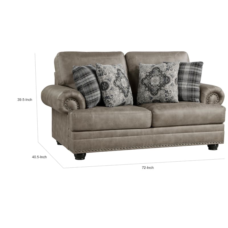 Jade 72 Inch Loveseat, Taupe Brown Microfiber, 4 Pillows, Cushioned, Wood
