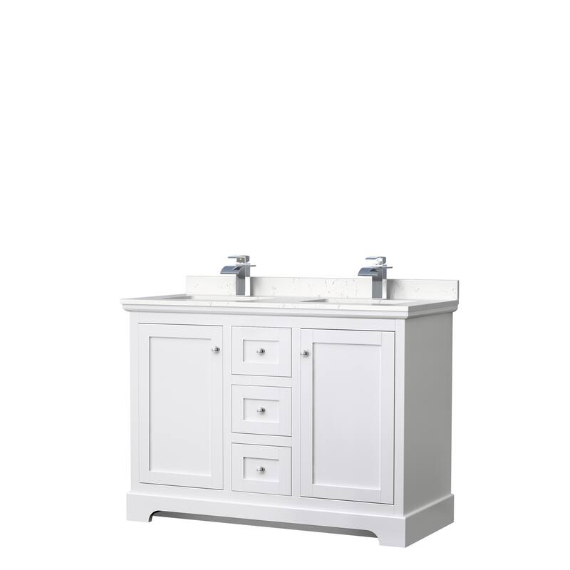 Avery 48 Inch Double Vanity, Cultured Marble Top - White, Chrome Trim, Carrara Cultured Marble Top