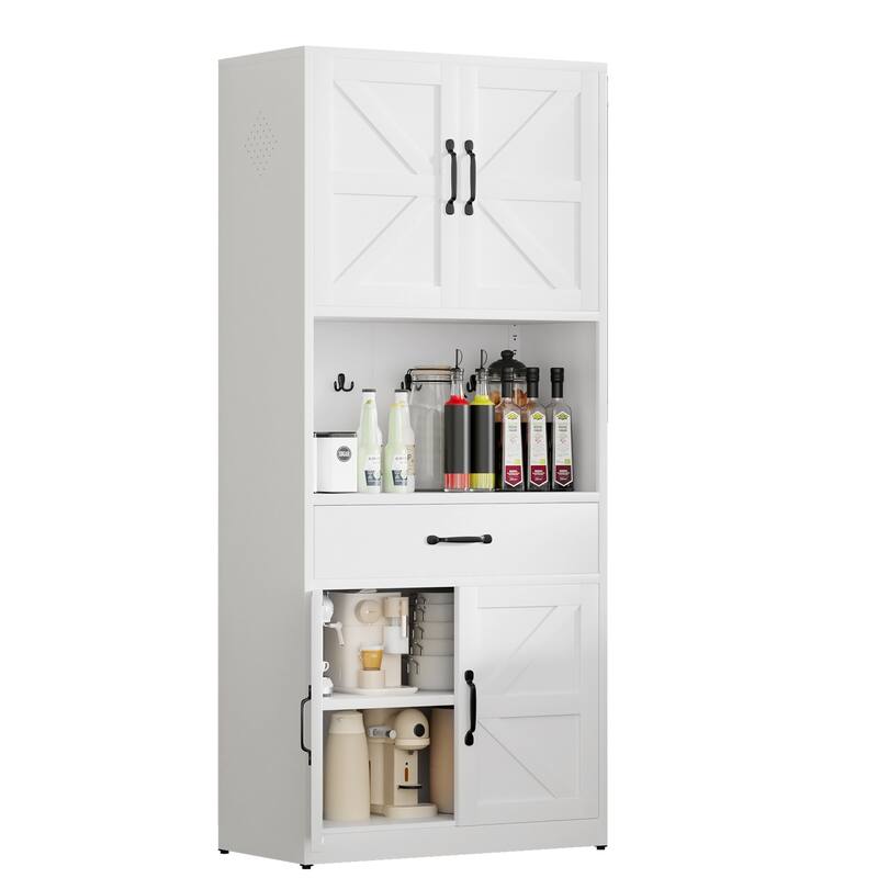 71" White Steel Kitchen Pantry with Large Countertop, Adjustable Shelves, Drawers & Hooks