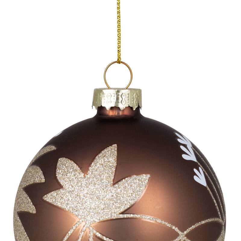 4ct Brown Gold 2-Finish Floral Glass Christmas Ball Ornaments 3.25"