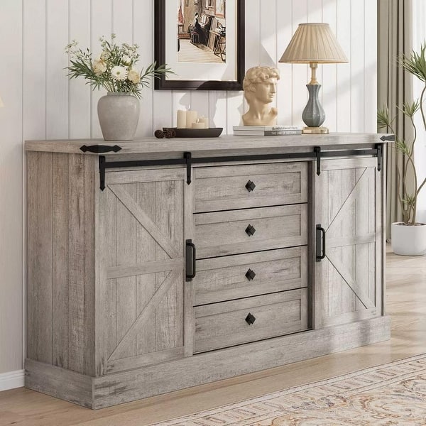 dresser with sliding drawers T4TREAM 5 Barn Doors, Antique White style dresser boasts a rustic sliding barn door on a smooth track Sikaic Dresser Bedroom Furniture Dresser